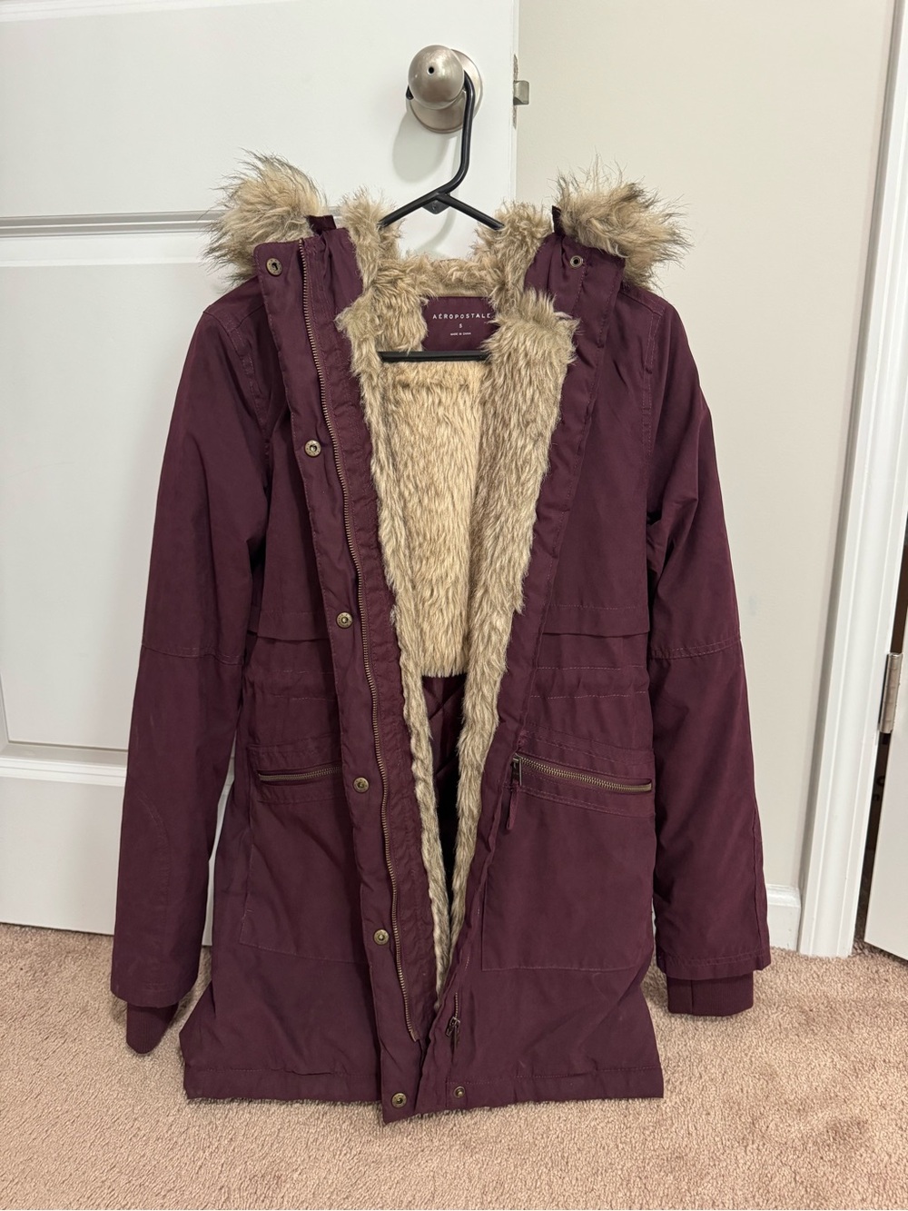 Aeropostale Women's Burgundy Utility Parka with Faux-Fur Trim